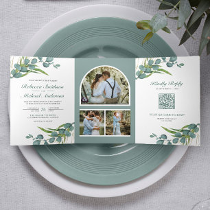 Rustikale Eukalyptus-Fotocollage QR-Code Hochzeit Dreifach Gefaltete Einladung