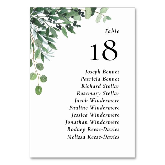 Rustikale Eukalyptus-Gastnamen Hochzeit Tischnummer (Vorderseite)