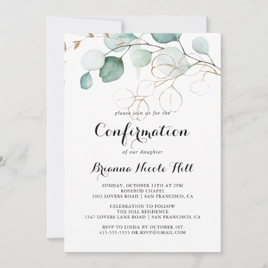 Rustikale Eukalyptus-Gold-Kalligrafie-Bestätigung Einladung (Vorderseite)