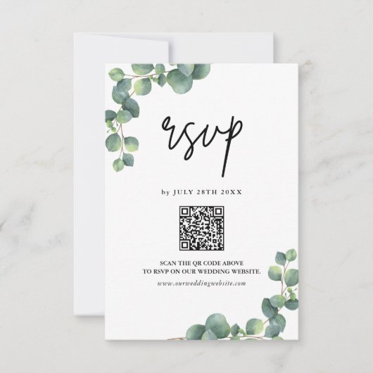 Rustikale Eukalyptus Greenerity Wedding QR Code RSVP Karte (Vorderseite)