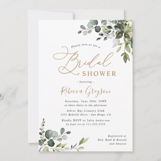 Rustikale Eukalyptus Greenery Gold Brautparty Invi Einladung (Vorderseite)