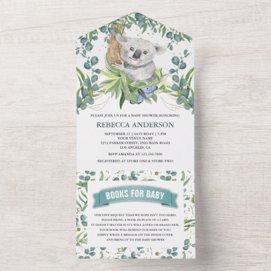 Rustikale Eukalyptus Greenery Koala Bear Baby Dusc All In One Einladung (Innen Boden)
