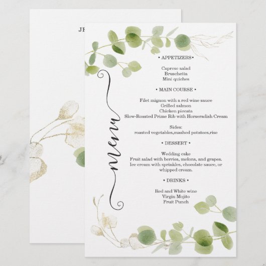 Rustikale Eukalyptus-Grün-Gold-Chic-Hochzeitsmenü (Vorne/Hinten)