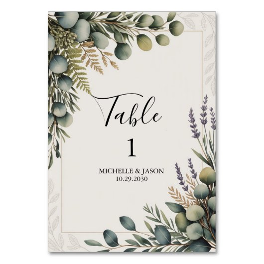 Rustikale Eukalyptus-Grün-Hochzeitstisch-Nummer Tischnummer (Vorderseite)