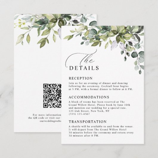 Rustikale Eukalyptus-Grün-QR-Code-Hochzeitsdetails Begleitkarte (Vorne/Hinten)
