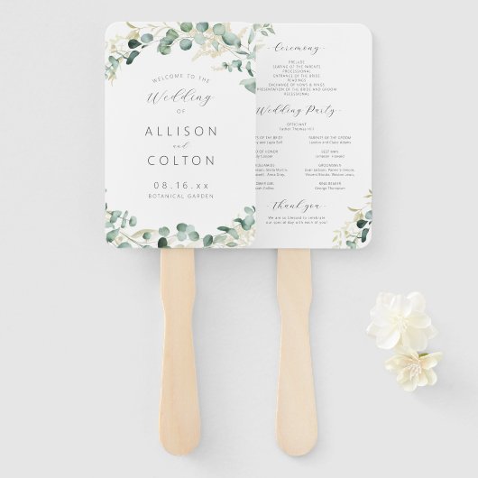 Rustikale Eukalyptus-Grüne Boho Hochzeitsprogramm Fächer (Vorne und Hinten)