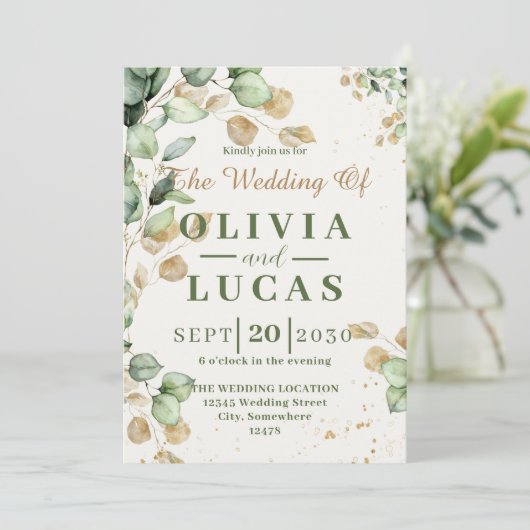 Rustikale Eukalyptus-Grüne Einladung zur Hochzeit (Stehend Vorderseite)
