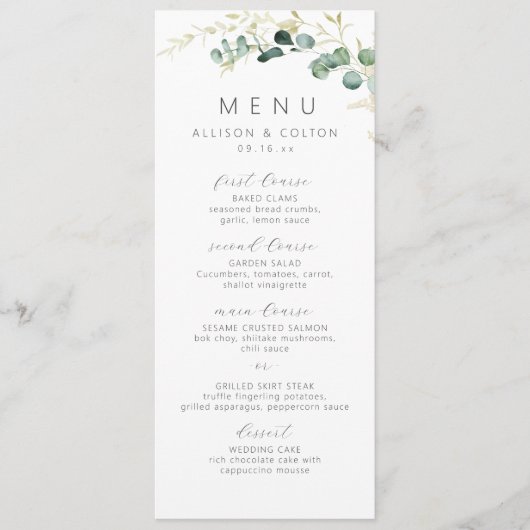 Rustikale Eukalyptus-Grüne Hochzeit Menükarte (Vorderseite)