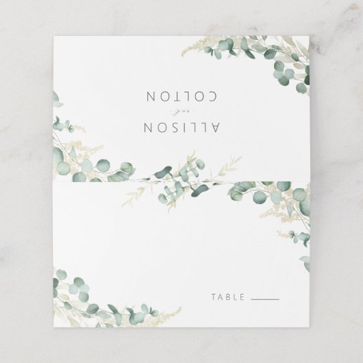 Rustikale Eukalyptus-Grüne Hochzeit Platzkarte (Außenseite Aufgefaltet)