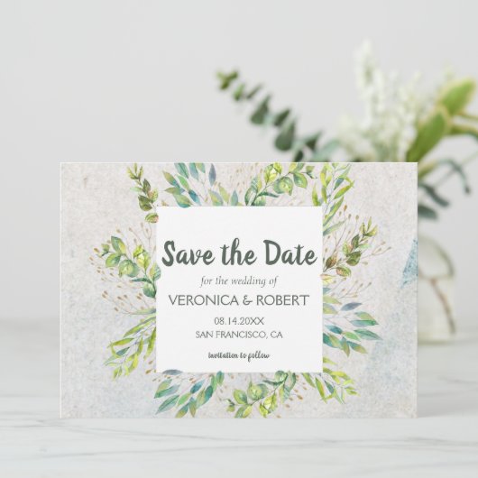 Rustikale Eukalyptus-Grüne Hochzeit Sichern Sie da Save The Date (Stehend Vorderseite)