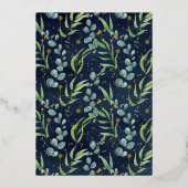 Rustikale Eukalyptus Grüne Taufe Navy Blue Gold Folieneinladung (Rückseite)
