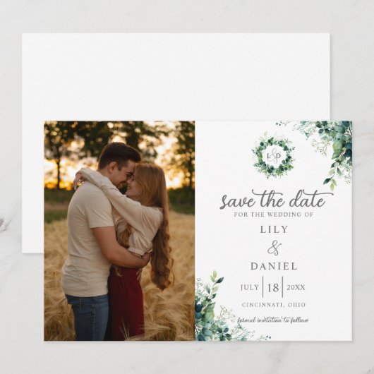 Rustikale Eukalyptus-Grünmonogramm-Foto-Hochzeit Save The Date (Vorne/Hinten)