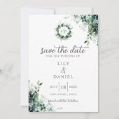 Rustikale Eukalyptus-Grünmonogramm-Foto-Hochzeit Save The Date (Vorderseite)