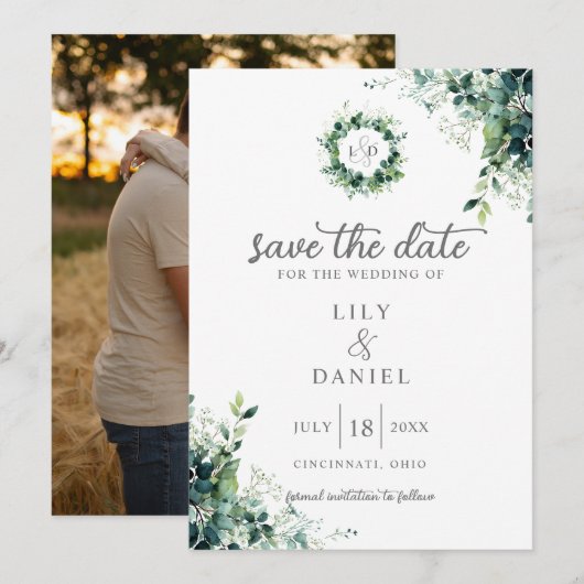 Rustikale Eukalyptus-Grünmonogramm-Foto-Hochzeit Save The Date (Vorne/Hinten)