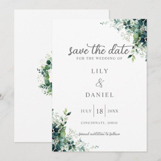 Rustikale Eukalyptus-Grünmonogramm-Hochzeit Save The Date (Vorne/Hinten)