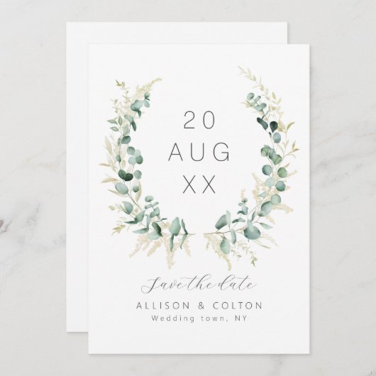 Rustikale Eukalyptus-Grünpflanzen Salbei Save The Date (Vorne/Hinten)