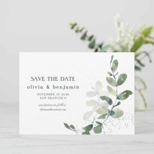 Rustikale Eukalyptus-Hochzeit Save The Date (Stehend Vorderseite)