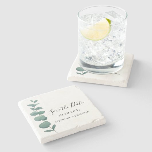 Rustikale Eukalyptus-Hochzeit speichert das Datum Steinuntersetzer (Seitenansicht)