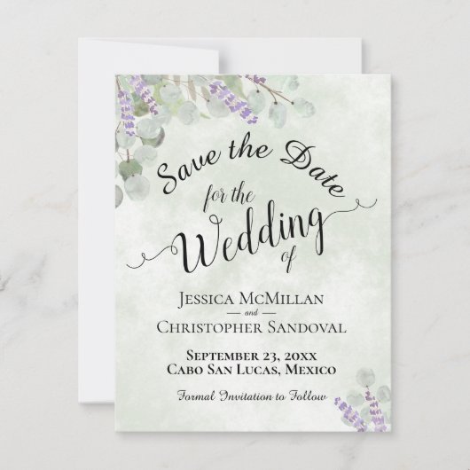 Rustikale Eukalyptus & Lavender Elegante Hochzeit Save The Date (Vorderseite)