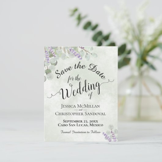 Rustikale Eukalyptus & Lavender Elegante Hochzeit Save The Date (Stehend Vorderseite)