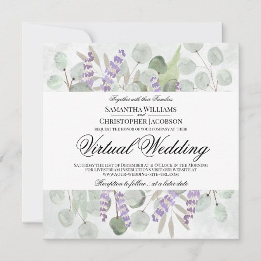 Rustikale Eukalyptus & Lavender Virtual Wedding Einladung (Vorderseite)