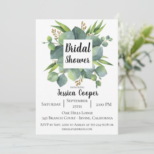 Rustikale Eukalyptus Leaf Bridal Dusche Einladung (Stehend Vorderseite)