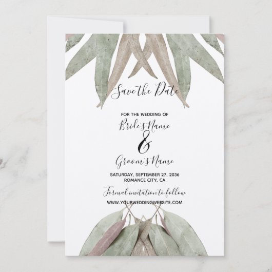 Rustikale Eukalyptus-Leaf-Hochzeit rettet das Datu Save The Date (Vorderseite)
