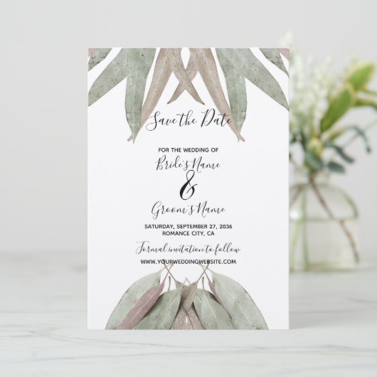Rustikale Eukalyptus-Leaf-Hochzeit rettet das Datu Save The Date (Stehend Vorderseite)