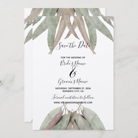 Rustikale Eukalyptus-Leaf-Hochzeit rettet das Datu Save The Date (Vorne/Hinten)