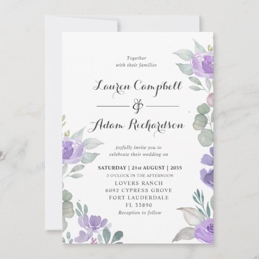 Rustikale Eukalyptus-Lila Blumenzitterung Einladun Einladung (Vorderseite)