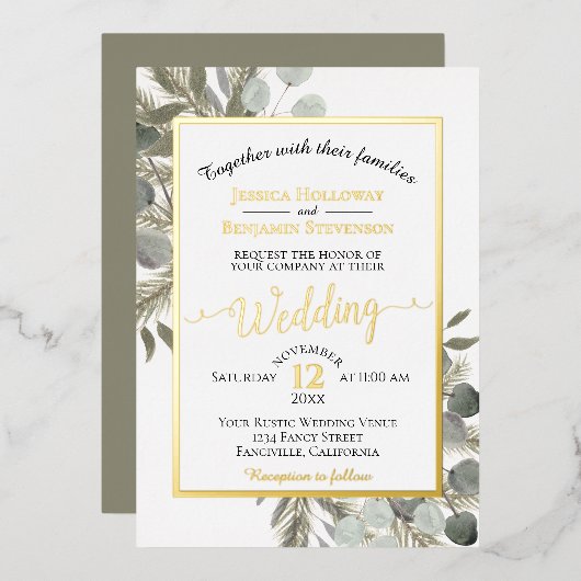 Rustikale Eukalyptus & Pine Elegante Silberhochzei Folieneinladung (Vorderseite/Rückseite)