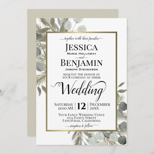 Rustikale Eukalyptus & Pine Winterhochzeit Einladung (Vorne/Hinten)