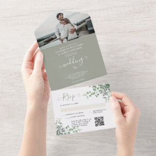 Rustikale Eukalyptus-QR-Code-RSVP-Frühlingshochzei All In One Einladung