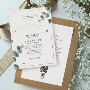 Rustikale Eukalyptus- & RSVP-QR-Code-Hochzeitsrose Folieneinladung