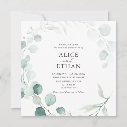 Rustikale Eukalyptus-Skripte Sommerhochzeit Einladung (Vorderseite)