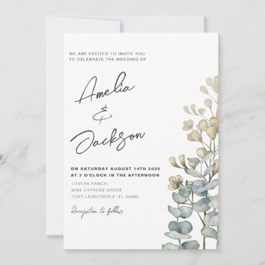 Rustikale Eukalyputs Grüne Hochzeit Einladung (Vorderseite)