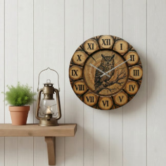 Rustikale Eulen-Wanduhr | Holz-Optik Hütten-Dekor Große Wanduhr
