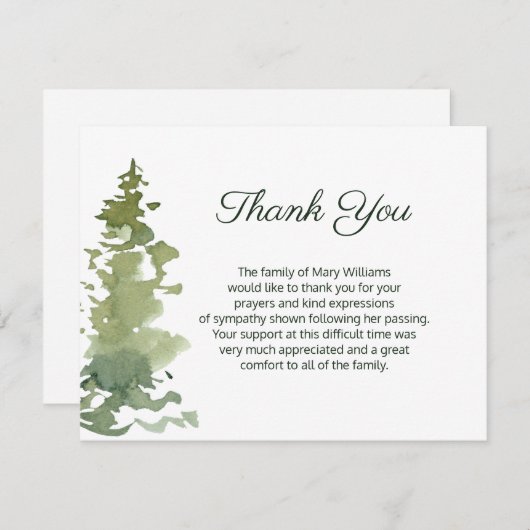 Rustikale Evergreen Beerdigung Dankeschön Note Car Dankeskarte (Vorne/Hinten)