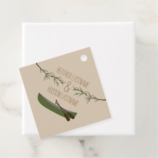 Rustikale Evergreen Branches Canoe Wedding Geschenkanhänger (Beispiel)