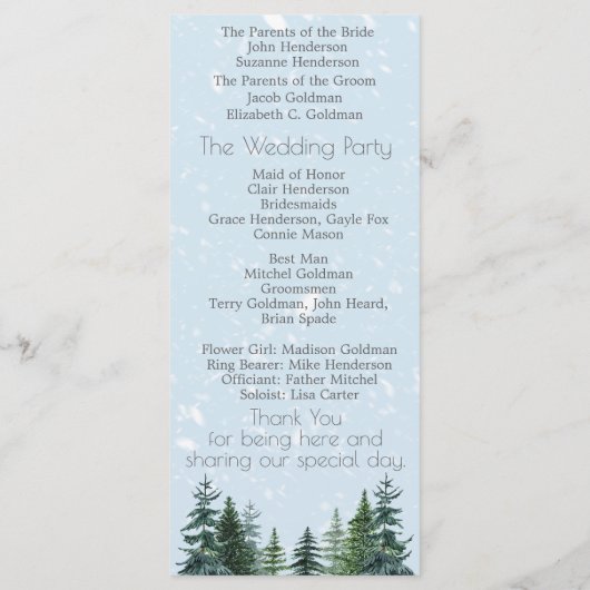 Rustikale Evergreen Winter Pine Trees Wedding Programm (Rückseite)