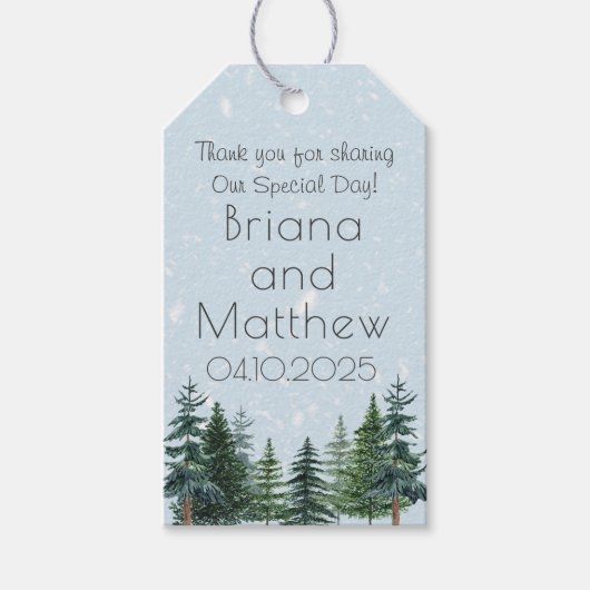 Rustikale Evergreen Winter Pine Wedding Geschenkanhänger (Vorderseite)