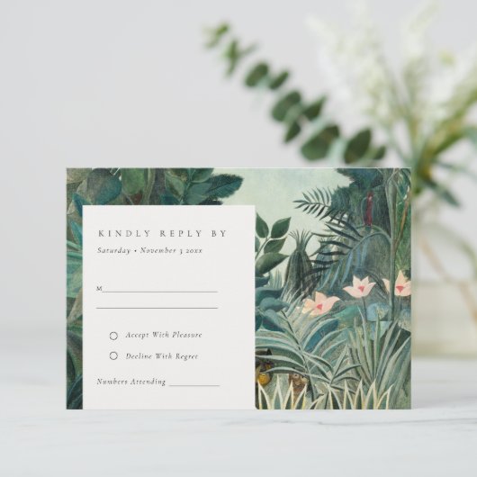 Rustikale Exotic Tropical Rain Forest Wedding RSVP Begleitkarte (Stehend Vorderseite)