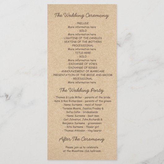 rustikale extravagante Blumenkästen Hochzeitsfeier Programm (Rückseite)