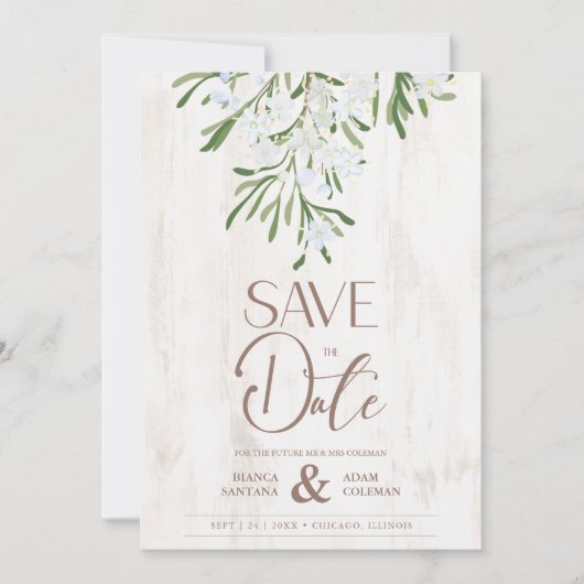 Rustikale Extravagante botanische Zweige Holzgrund Save The Date (Vorderseite)