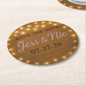 Rustikale Fairy Light Save-the-Date-Unterlage Runder Pappuntersetzer (Angewinkelt)