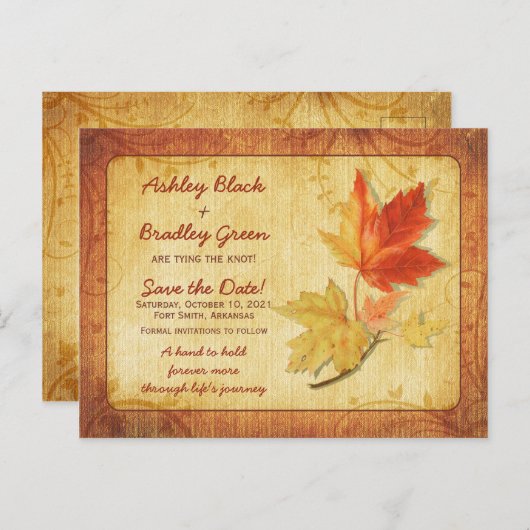 Rustikale Fall-Ahorn-Blätter Hochzeiten speichern  Postkarte (Vorne/Hinten)