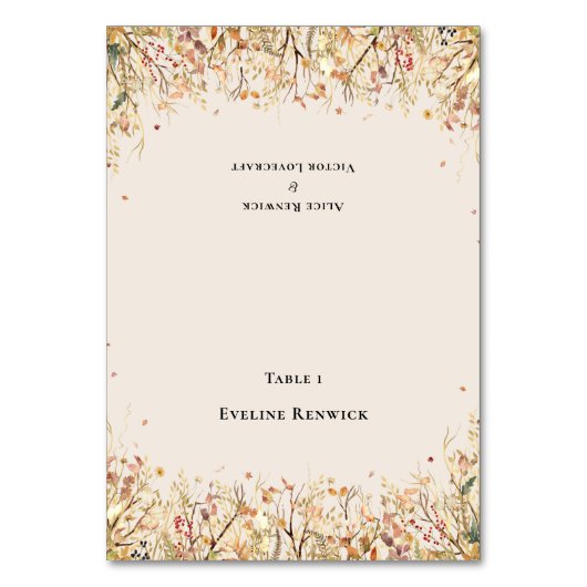 Rustikale Fall-Beige-Platzkarte für Hochzeiten Tischnummer (Vorderseite)