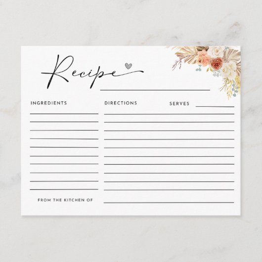 Rustikale Fall Boho Arch Pampas Grasrezeptkarte Begleitkarte (Vorderseite)