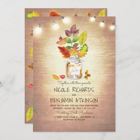 Rustikale Fall Mason Jar und String Lights Hochzei Einladung (Vorne/Hinten)