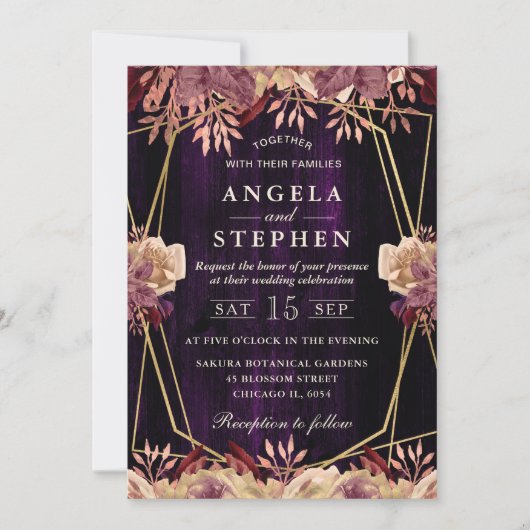 Rustikale Fall Purple Flowers Gold Frame Wedding Einladung (Vorderseite)